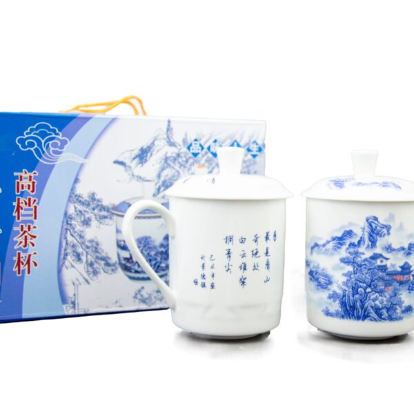a blue and white tea set