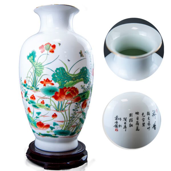 Hand-painted Jingdezhen porcelain vase with birds and blossoms on mahogany stand