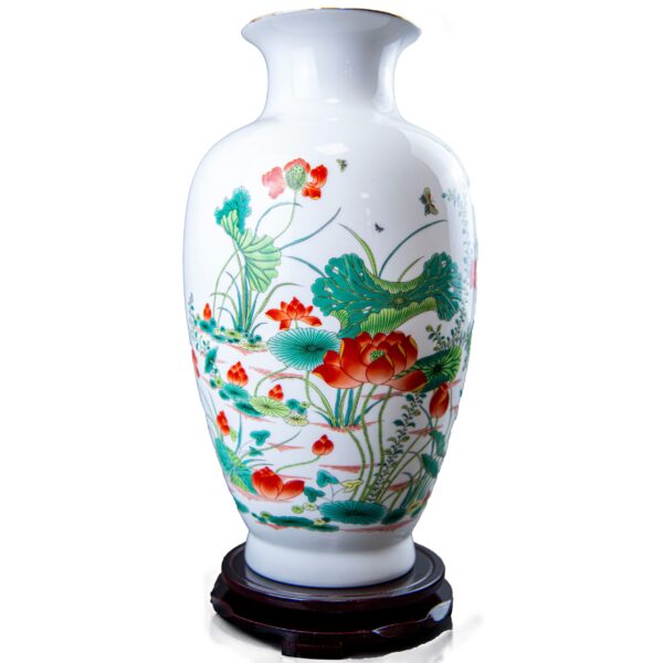 Hand-painted Jingdezhen porcelain vase with birds and blossoms on mahogany stand