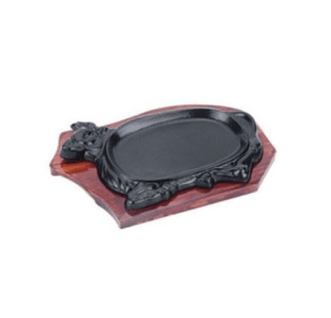 Cast Iron Sizzling Platter, KOKOPRIME Steak Grill Pan, Premium Sizzling Plate, Home Grill Platter, Cast Iron Cookware, Steak Serving Plate, Sizzling Serving Plate, Kitchen Steak Pan, Wooden Base Grill Plate, Restaurant-Style Home Cookware