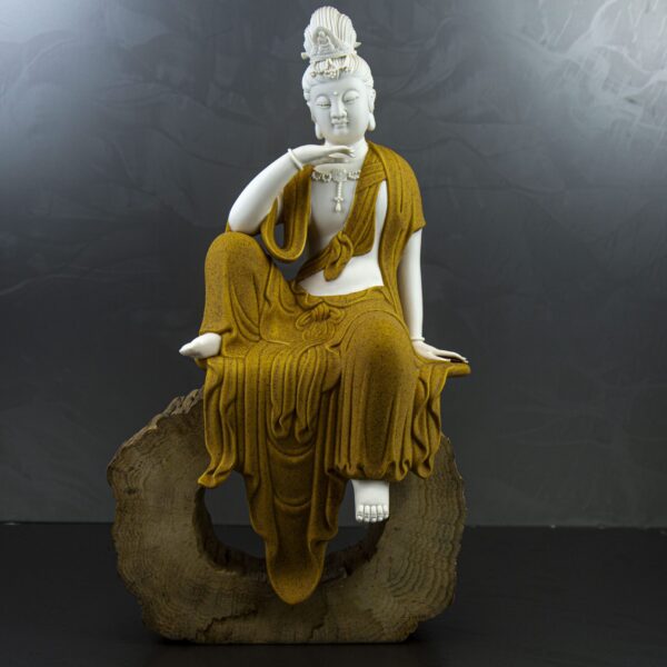 KOKOPRIME Elegant Guanyin Bodhisattva Statue – Peaceful Sandstone Finish with Natural Wood Base for Home Décor & Blessings