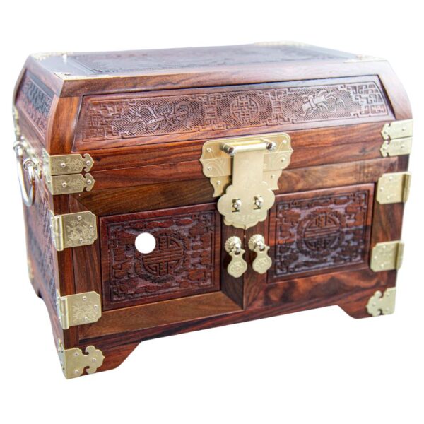 Elegant Chinese wooden jewelry box with brass accents – KOKOPRIME Caption：KOKOPRIME handmade jewelry chest with drawers and carved Chinese patterns